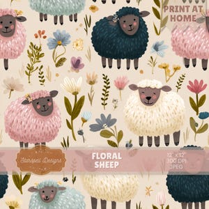 Puede incluir: Patrón repetitivo con ovejas de dibujos animados en varios colores, incluyendo rosa, azul y blanco, intercaladas con elementos florales. El diseño incluye el texto "FLORAL SHEEP" y "Starspell Designs". La imagen mide 30,48 cm x 30,48 cm.