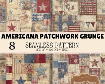 Amerykański wzór patchworkowy w stylu grunge, 8 cyfrowych wzorów na patchwork w stylu vintage, patriotyczne tła w stylu rustykalnym w stylu amerykańskiego domu wiejskiego