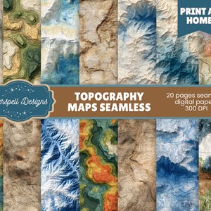 Op de afbeelding: Een verzameling van 20 naadloze digitale papieren met topografische kaartontwerpen. De papieren tonen verschillende kleurenpaletten en texturen. De tekst "TOPOGRAPHY MAPS SEAMLESS" en "PRINT AT HOME" is zichtbaar.
