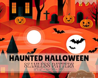 Haunted Halloween Seamless Pattern, Orange Spooky Landscape Digital Paper, Haunted House Pumpkin Bats, Halloween Fabric, 12x12 JPG