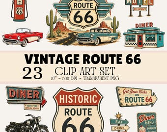 Zestaw grafik vintage Route 66 – 23 ilustracje retro podróży samochodem, klasyczne samochody, dystrybutory benzyny, szyldy restauracji i moteli, styl amerykański PNG