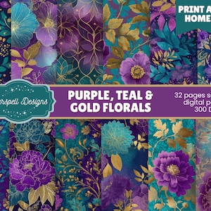 Lila, blågrönt och guldfärgade sömlösa blommönster | 32 digitala blommiga papper i juveltoner för scrapbooking, dagböcker, hantverk och kreativa produkter
