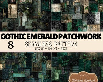 Gothic Emerald Patchwork Seamless Patterns, 8 Dark Green Goth Floral Collage Papers, Victorian Grunge, Black Roses Antique Keys JPG