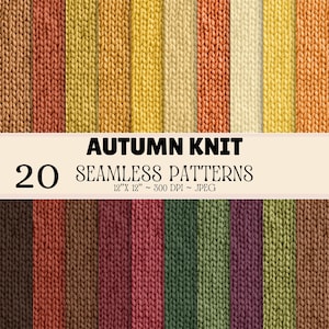 Può includere: Una collezione digitale di 20 motivi a maglia senza cuciture con strisce verticali nei colori autunnali marrone, arancione, giallo, crema, rosso, verde e viola. Il testo recita AUTUMN KNIT 20 SEAMLESS PATTERNS 12"X 12" ~ 300 DPI ~ JPEG.