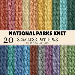 May include: A collection of 20 seamless knit patterns featuring vertical stripes in various colours including red, orange, yellow, green, blue, purple, and brown. The text reads NATIONAL PARKS KNIT 20 SEAMLESS PATTERNS 12" X 12" ~ 300 DPI ~ JPEG.