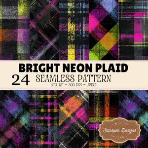 Bright Neon Plaid Seamless Patterns | 24 Grunge Glow Digital Papers for Scrapbooking, Journals & Retro 80s Crafts