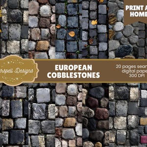 Könnte beinhalten: Ein digitales Papier-Set mit verschiedenen europäischen Kopfsteinpflaster-Texturen in Grau-, Braun- und Schwarztönen. Das Bild enthält den Text "European Cobblestones" und "Print at Home". Das Set umfasst 20 nahtlose digitale Papiere mit 300 DPI.