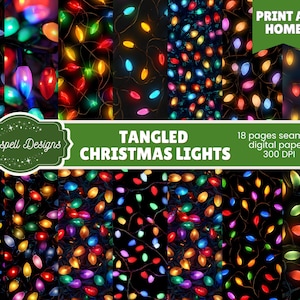 May include: A digital paper set featuring a variety of colorful Christmas light patterns on a black background. The image includes text that reads "Tangled Christmas Lights" and "Print at Home". The set includes 18 seamless digital papers at 300 DPI.