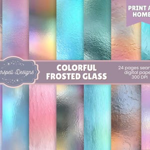 May include: A collection of 24 seamless digital papers with a frosted glass effect. The designs display a range of colours, such as pink, blue, and purple, with a textured finish. The text "COLORFUL FROSTED GLASS" is visible.