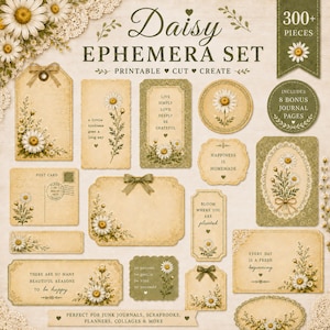 Daisy Ephemera Set druckbare | 300+ Gänseblümchen Ephemera-Stücke, Cottagecore Floral Junk Journal Kit mit Bonus Journal Seiten