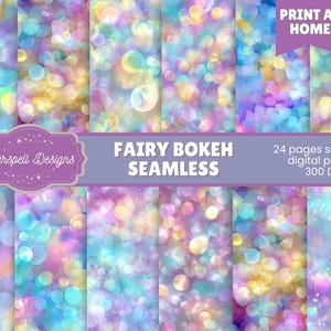 May include: A collection of digital papers with a fairy bokeh seamless design. The papers feature a colorful, blurred background with soft, out-of-focus circles in shades of purple, blue, yellow, and pink. The image includes the text "FAIRY BOKEH SEAMLESS".