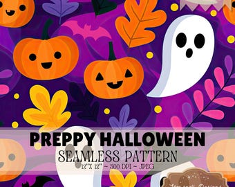 Preppy Halloween Seamless Pattern, Pink Purple Halloween Digital Paper, Cute Ghost Pumpkin Bat Pattern, Colorful Spooky JPEG