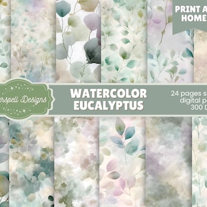 Może przedstawiać: Kolekcja akwarelowych papierów cyfrowych z eukaliptusem w odcieniach zieleni, błękitu i fioletu. Obraz zawiera tekst "Watercolor Eucalyptus" i "Print at Home". Papiery są bezszwowe i 300 DPI.
