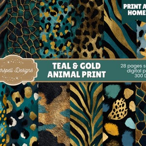Può includere: Una collezione di carte digitali con stampa animalier verde acqua e oro. I disegni includono macchie di leopardo, strisce di zebra e altri motivi astratti. Il testo recita "TEAL & GOLD ANIMAL PRINT" e "PRINT AT HOME". Ci sono 28 carte digitali senza soluzione di continuità a 300 DPI.