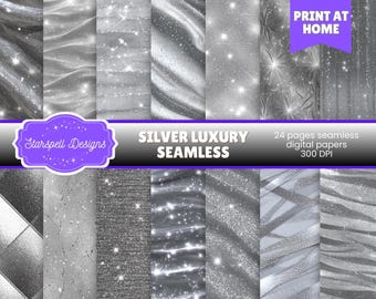 Silver Glitter Digital Paper Background Set, Seamless Metallic Textures ...