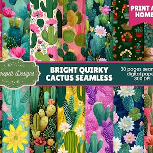 Op de afbeelding: Een verzameling digitale papieren met naadloze patronen van cactussen en bloemen in levendige kleuren. De ontwerpen omvatten verschillende cactussoorten en bloemelementen, tegen achtergronden van roze, groen en blauw. De tekst "Bright Quirky Cactus Seamless" en "Print at Home" is inbegrepen.