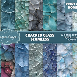 Puede incluir: Un conjunto de papeles digitales con texturas de vidrio agrietado en tonos azules, verdes y grises. La imagen incluye el texto "CRACKED GLASS SEAMLESS" y "PRINT AT HOME". El conjunto incluye 32 papeles digitales sin costuras a 300 DPI.