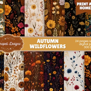 Puede incluir: Una colección de 24 papeles digitales sin costuras con flores silvestres de otoño en varios colores. Los diseños incluyen patrones florales con flores amarillas, naranjas, rojas y blancas sobre fondos oscuros. Se muestra el texto "Autumn Wildflowers".