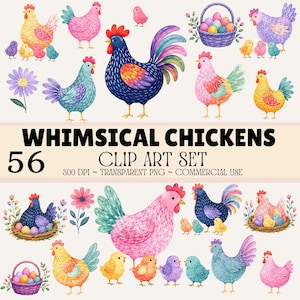 Whimsical Chickens Clip Art Set – 56 Cute Chicken PNG Graphics, Watercolor Farm Animal, Baby Chick, Hen & Rooster Illustrations, Transparent