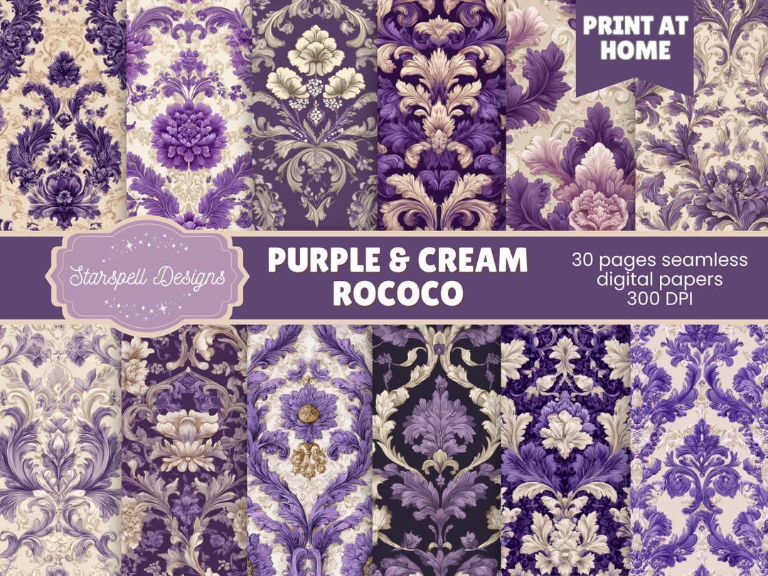 Cream Rococo Purple & Cream Rococo Seamless Digital Papers | Vintage Ornate Pattern ...
