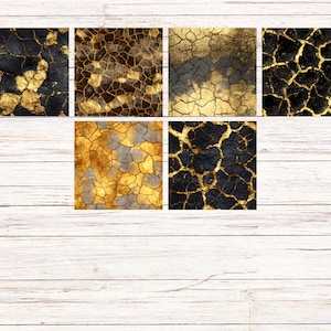 May include: A collection of six square digital art prints featuring abstract cracked textures. The designs showcase a variety of color palettes, including black and gold, brown and gold, and gold and gray, creating a visually striking effect.
