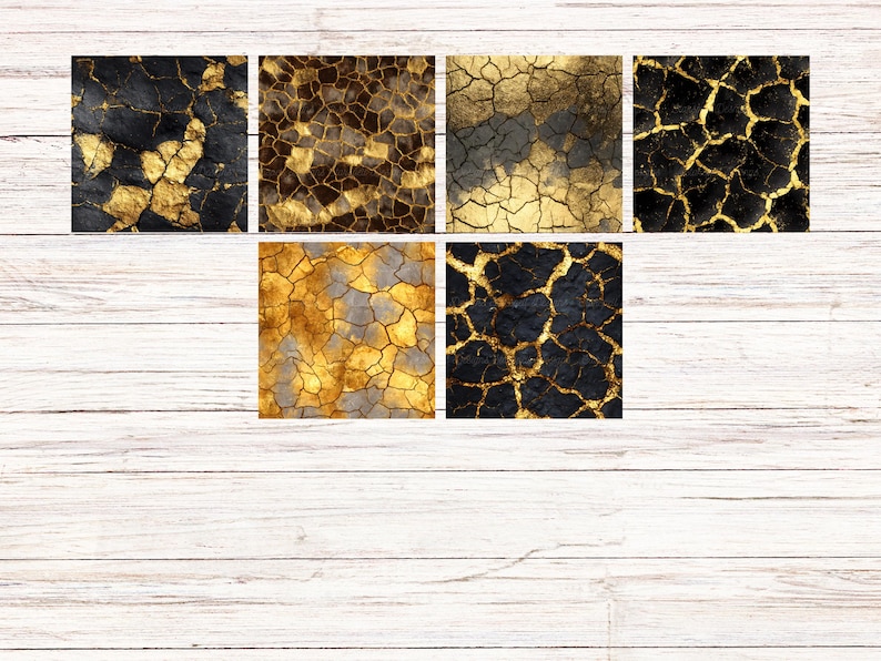 May include: A collection of six square digital art prints featuring abstract cracked textures. The designs showcase a variety of color palettes, including black and gold, brown and gold, and gold and gray, creating a visually striking effect.