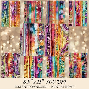 The image is a collage of various colorful and textured fabric strips, beads, and buttons, arranged in a visually appealing manner.