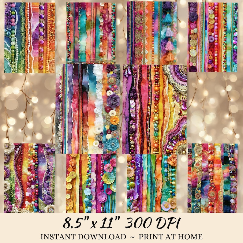 The image is a collage of various colorful and textured fabric strips, beads, and buttons, arranged in a visually appealing manner.