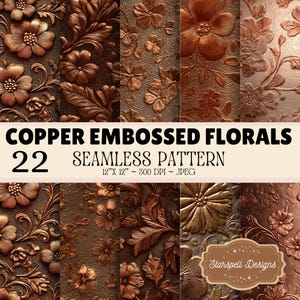 Copper Embossed Floral Seamless Pattern, Metallic Copper Digital Paper, Luxury Botanical Textures, 22 Seamless Patterns