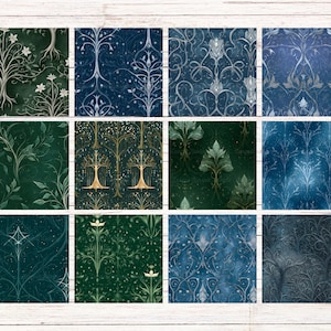 Op de afbeelding: Een verzameling van 12 vierkante digitale kunstprints met verschillende botanische en abstracte ontwerpen. Het kleurenpalet omvat tinten groen, blauw en goud, met ingewikkelde patronen van bomen, bladeren en bloemmotieven. De prints hebben een vintage, artistieke uitstraling.