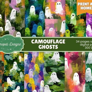 May include: Digital papers with a camouflage ghost design in various colours, including green, purple, and orange, with white ghost figures. The image includes the text "CAMOUFLAGE GHOSTS" and "PRINT AT HOME". There are 34 pages of seamless digital papers.