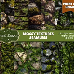 May include: A collage of mossy textures, featuring various stone and rock surfaces covered in vibrant green moss. The image includes the text "Mossy Textures Seamless" and "Print at Home."