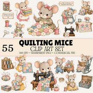 Conjunto de imágenes prediseñadas de ratones de patchwork: 55 imágenes PNG de ratones de patchwork adorables, imágenes prediseñadas de ratones de costura en acuarela, imágenes transparentes de patchwork.