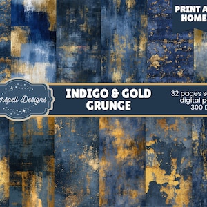 Indigoblå & guld grunge sömlösa mönster | 32 lyxiga digitala papper med distressed textur för scrapbooking, dagböcker, hantverk, produkter
