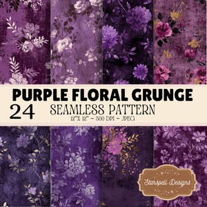 Puede incluir: Una colección de 24 patrones florales grunge morados sin costuras en formato JPEG de 12" x 12" a 300 DPI. Los diseños presentan varios fondos de color morado oscuro con texturas desgastadas, ilustraciones florales y el texto Purple Floral Grunge.
