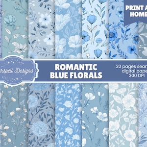 Puede incluir: Una colección de 20 papeles digitales sin costuras con diseños florales azules románticos. Los papeles muestran varios patrones de flores y follaje en tonos azules y blancos. La imagen incluye el texto "Starspell Designs", "Romantic Blue Florals" y "Print at Home".