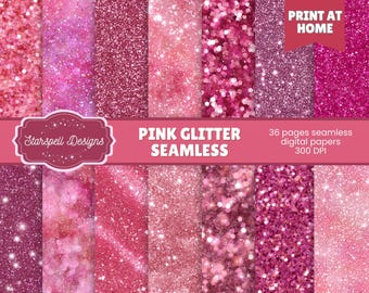 Motivi rosa glitterati senza soluzione di continuità / 36 carte digitali scintillanti per scrapbooking, diari, lavori creativi e design glamour