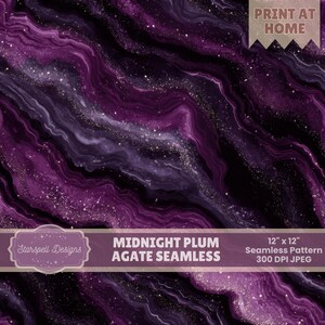 May include: A seamless digital pattern featuring a swirling agate design in shades of plum, purple, and black with gold flecks. The text reads "Midnight Plum Agate Seamless" and "12" x 12" Seamless Pattern 300 DPI JPEG". The design is from Starspell Designs.