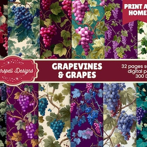 May include: A collection of digital papers featuring various grape and grapevine designs. The papers showcase different colors of grapes, including red, purple, and blue, with green leaves. The text "GRAPEVINES & GRAPES" is displayed, along with "PRINT AT HOME".
