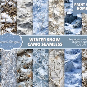 May include: A collection of winter snow camo seamless digital papers. The designs feature snowy landscapes, branches, and camouflage patterns. The text on the image reads "Winter Snow Camo Seamless" and "Print at Home".