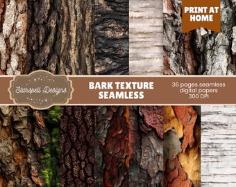 Könnte beinhalten: Ein digitales Papier-Set mit nahtlosen Baumrindentexturen. Das Bild zeigt eine Collage verschiedener Baumrindenmuster, darunter dunkelbraune, graue und weiße Variationen. Der Text weist auf 36 digitale Papiere mit einer Auflösung von 300 DPI hin.