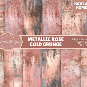 Può includere: Un set di carte digitali con un design grunge oro rosa metallizzato. L'immagine mostra 24 carte digitali senza cuciture con un aspetto usurato e strutturato. Le carte hanno toni oro rosa, grigi e marroni. Il testo "METALLIC ROSE GOLD GRUNGE" è visibile.