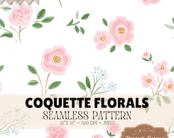 Coquette Florals Seamless Pattern, Pink Watercolor Floral Digital Paper, Feminine Rose Fabric Pattern, Cottagecore Floral, 12x12 JPG
