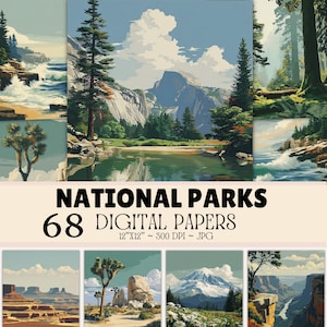 Peut inclure: Une collection de 68 papiers numériques présentant des paysages de parcs nationaux, incluant montagnes, forêts et côtes. Le texte indique NATIONAL PARKS 68 DIGITAL PAPERS 12"X12" ~ 300 DPI ~ JPG. Les images montrent divers terrains naturels.