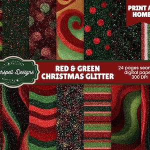 Könnte beinhalten: Eine Sammlung von 24 nahtlosen digitalen Papieren mit roten und grünen Glitzerdesigns. Die Papiere weisen verschiedene Muster auf, darunter Streifen, Punkte und Wirbel, perfekt für Weihnachtsprojekte. Der Text "Print at Home" und "Red & Green Christmas Glitter" ist enthalten.
