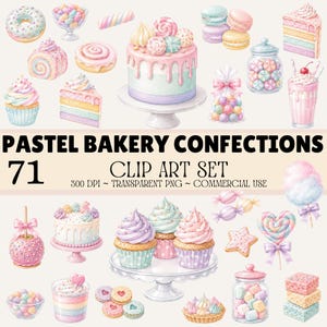 Puede incluir: Una colección digital de repostería en tonos pastel que incluye pasteles, cupcakes, macarons, galletas, dulces y golosinas. La imagen incluye el texto PASTEL BAKERY CONFECTIONS 71 CLIP ART SET 300 DPI ~ TRANSPARENT PNG ~ COMMERCIAL USE.