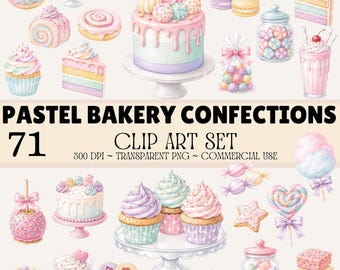 Könnte beinhalten: Eine digitale Sammlung von pastellfarbenen Backwaren mit Kuchen, Cupcakes, Macarons, Keksen, Bonbons und Süßigkeiten. Das Bild enthält den Text PASTEL BAKERY CONFECTIONS 71 CLIP ART SET 300 DPI ~ TRANSPARENT PNG ~ COMMERCIAL USE.