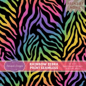 Naadloos patroon met regenboogzebraprint | Gedurfd digitaal papier met neon-dierenstreep op zwart
