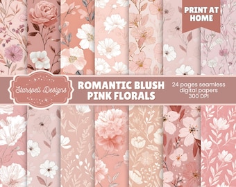 Romantic Blush Pink Florals Seamless Patterns | 24 Soft Botanical Digital Papers for Scrapbooking, Journals, Crafts & Elegant Design