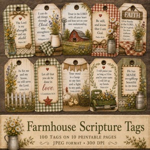 Boerderij schrift Tags afdrukbare 100 christelijke boerderij cadeaukaartjes, rustieke bijbelvers kortstondige, Faith Junk Journal Tags, landhuisje